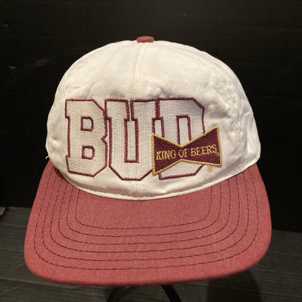 Vintage Bud King Of Beers SnapBack Cap Budweiser , Made In USA, Beige, Maroon